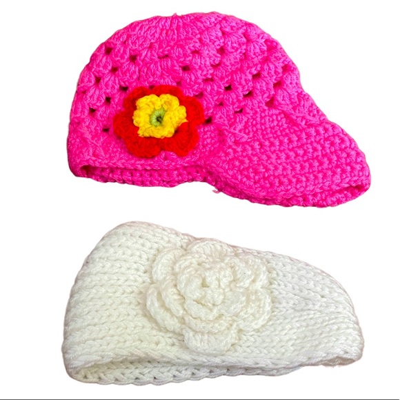 None Accessories Girls Hot Pink Knit Hat And White Knit Headband Set Red Yellow Flower